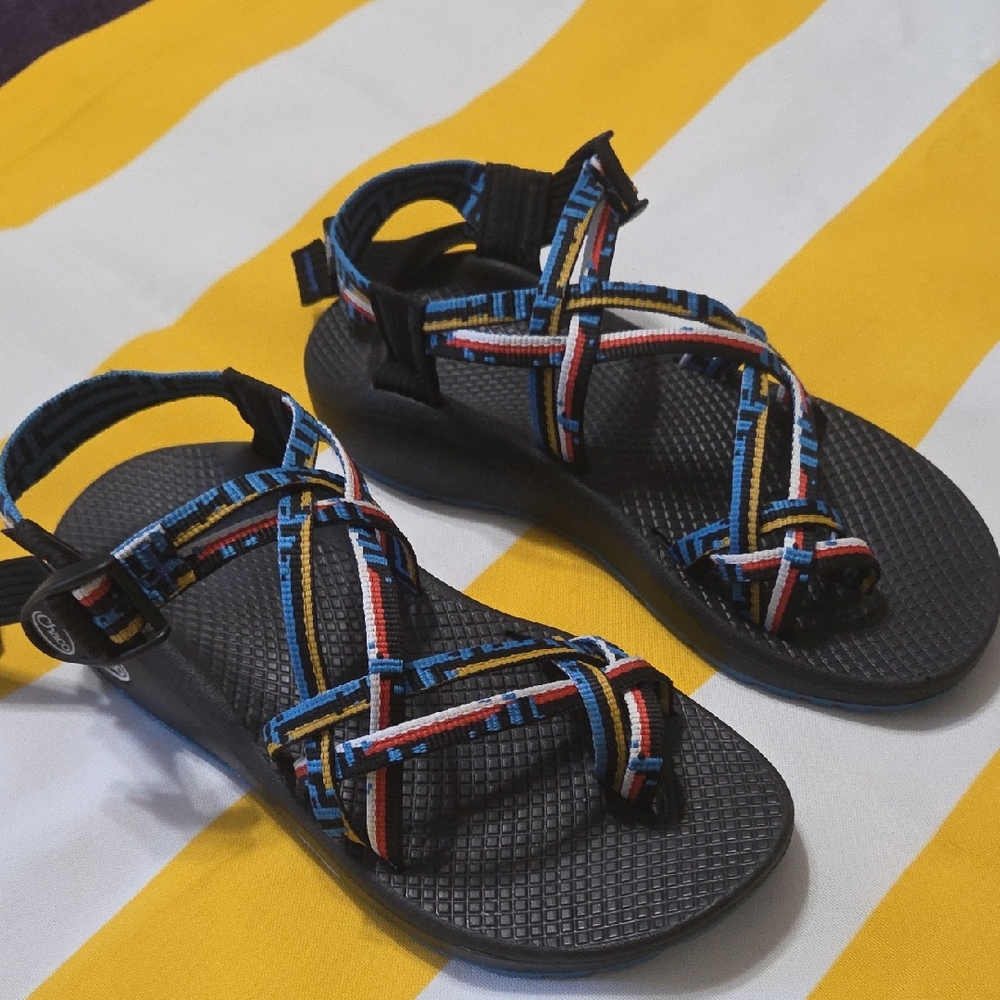 Chaco Black Sandals with Blue, Yellow & Red Strap Accents